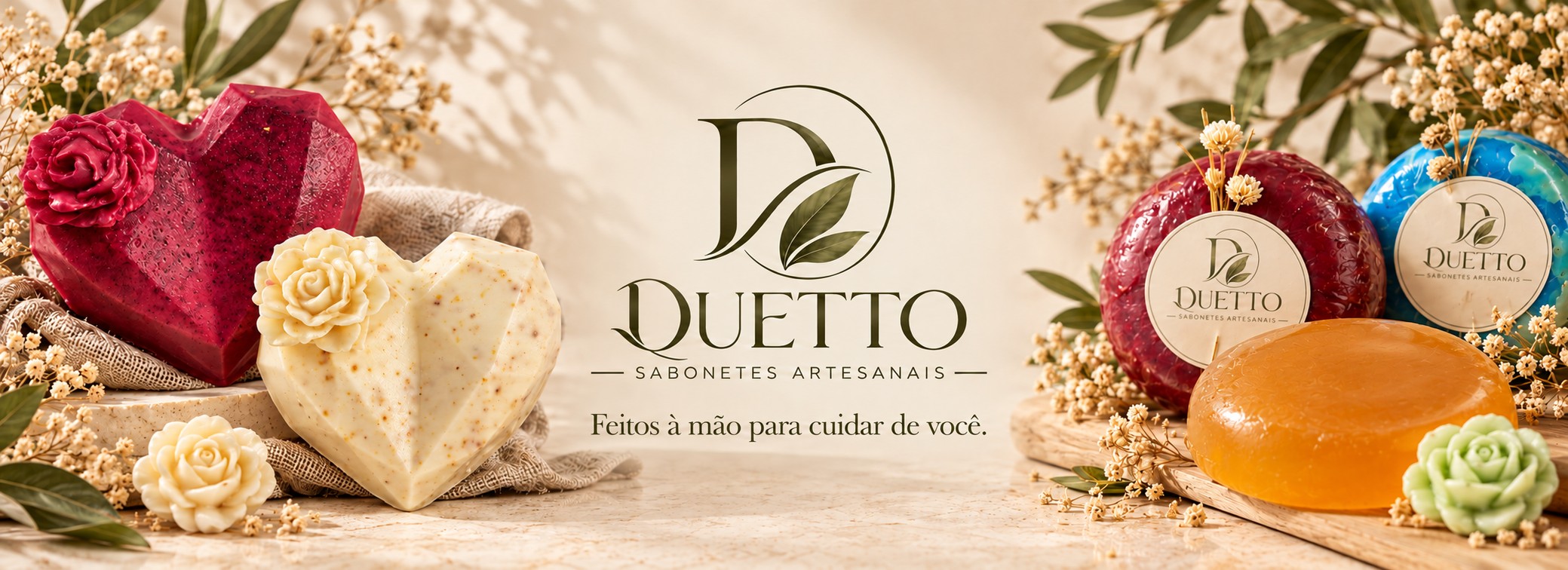 Duetto Sabonetes Artesanais — Feitos à mão para cuidar de você. Sabonetes de coração com flor, redondos e glicerinados sobre bancada clara com flores secas.